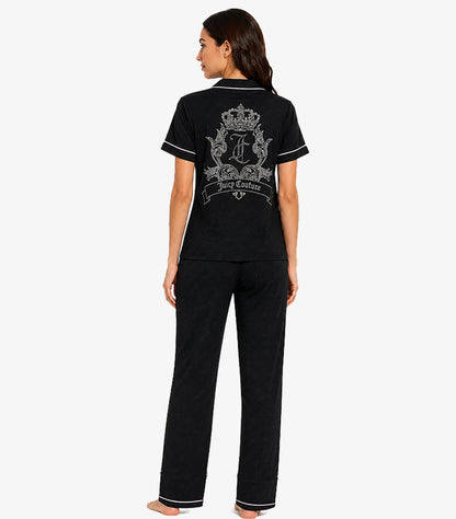 Juicy Couture black pajama set back view showing elaborate rhinestone crown crest with JC monogram scrollwork and Juicy Couture banner ribbon