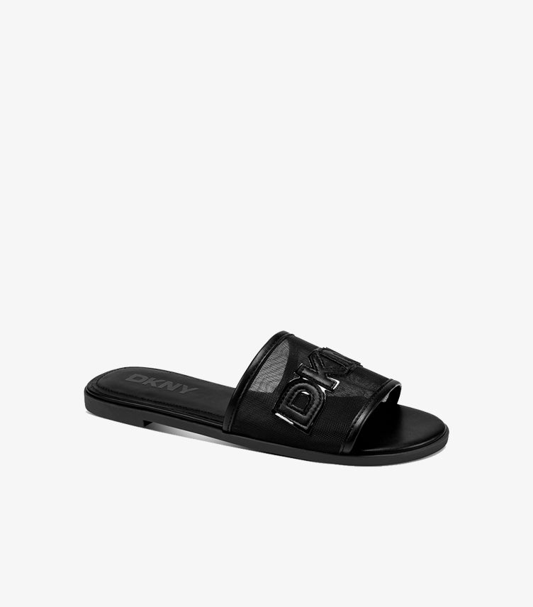 Angled view of DKNY women’s black mesh flat slide with raised tonal logo and branded footbed