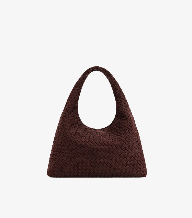 Straight-on view of JW PEI tote bag highlighting its woven exterior and relaxed silhouette