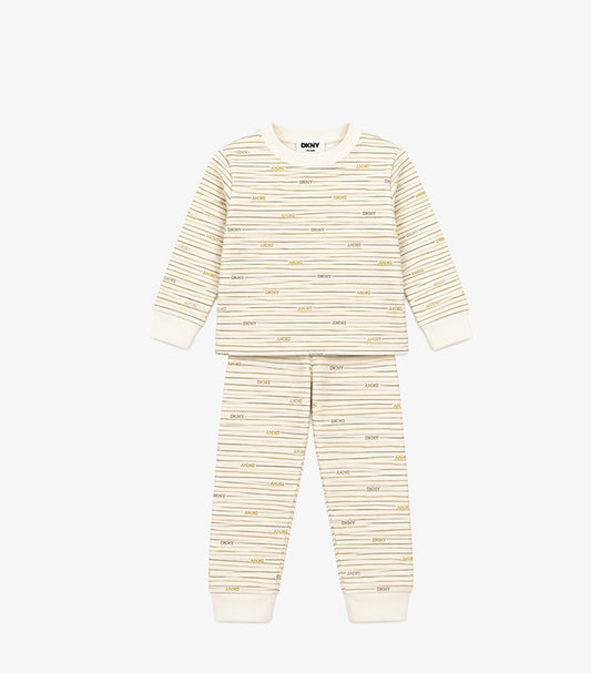 DKNY kids’ cream two-piece pyjama set with a striped logo-print long-sleeve top and matching cuffed trousers