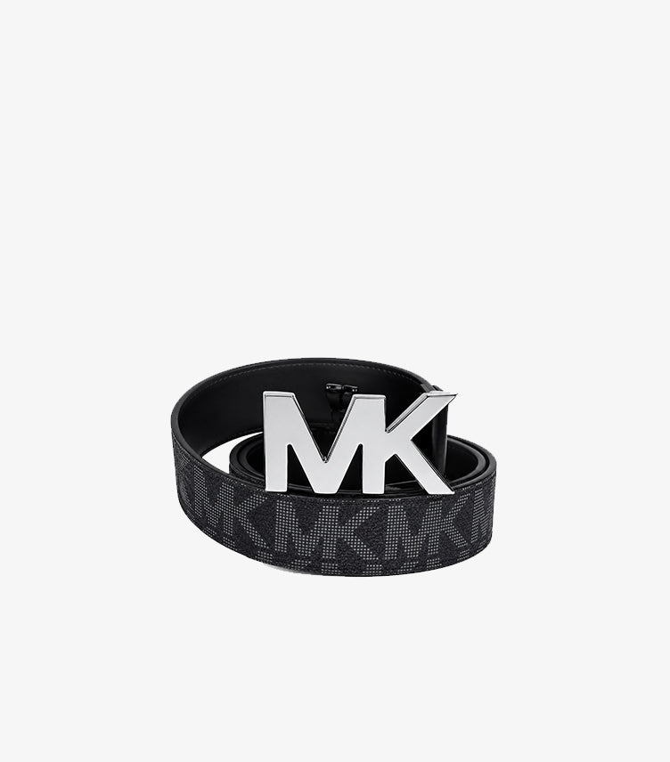 MICHAEL KORS MK SIGNATURE BLACK LOGO BELT FOR MEN – LEATHER BELT WITH SILVER MK BUCKLE