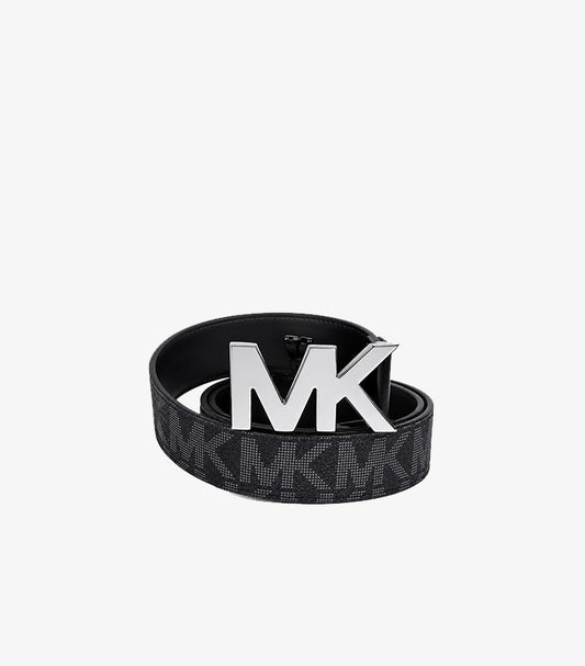 MICHAEL KORS MK SIGNATURE BLACK LOGO BELT FOR MEN – LEATHER BELT WITH SILVER MK BUCKLE