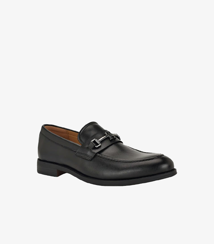Tommy Hilfiger men's black leather horsebit loafers with premium smooth leather and elegant slip-on formal design.