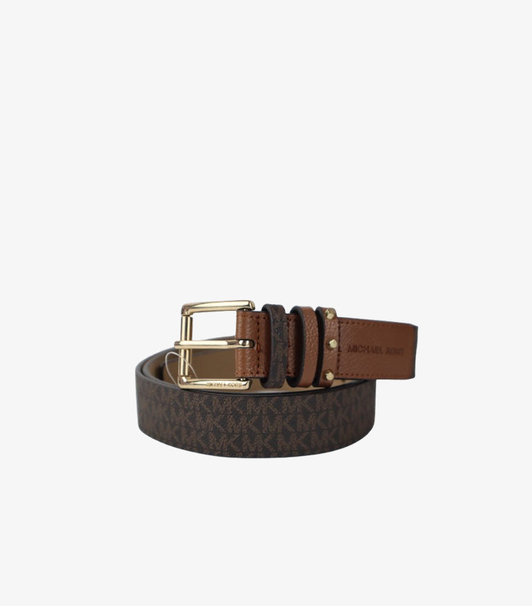 MICHAEL KORS (MK) MONOGRAM LEATHER BELT WITH GOLD BUCKLE – BROWN