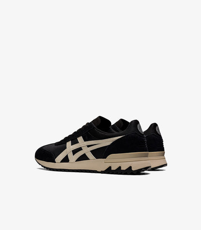 Rear side view of Onitsuka Tiger black sneakers with cream stripes and beige sole
