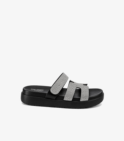 Side view of Top Moda women’s black platform slide sandals with silver rhinestone double straps