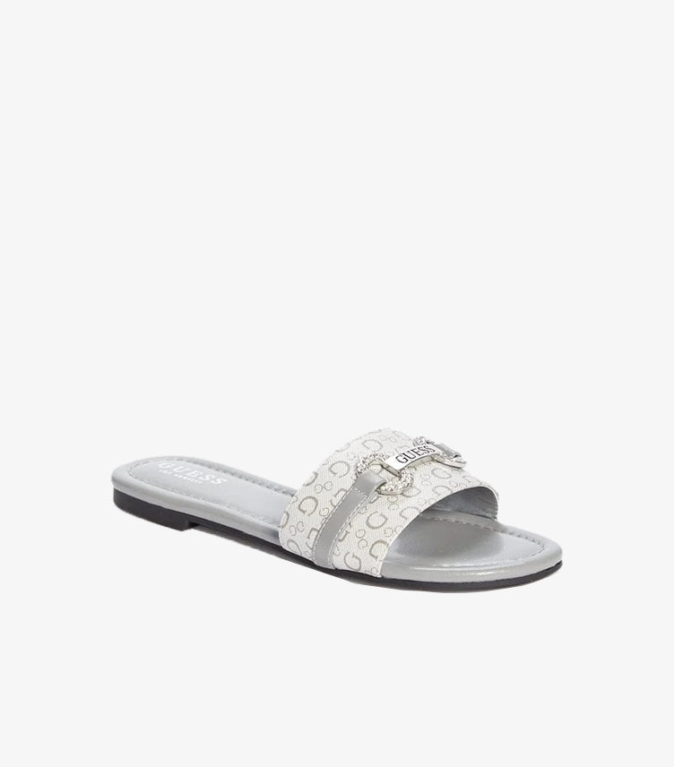 Guess women’s grey monogram flat slide sandal with silver-tone trim, crystal-embellished logo hardware and black sole