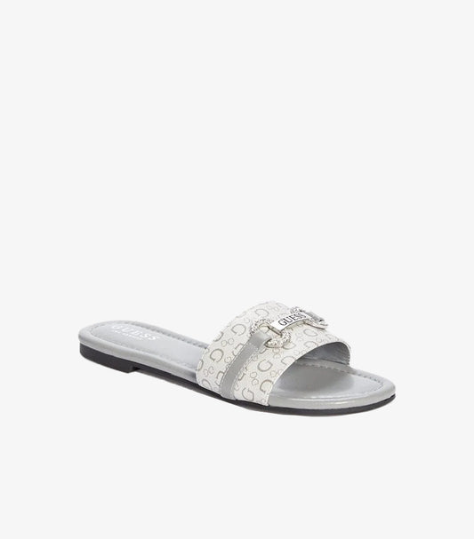 Guess women’s grey monogram flat slide sandal with silver-tone trim, crystal-embellished logo hardware and black sole