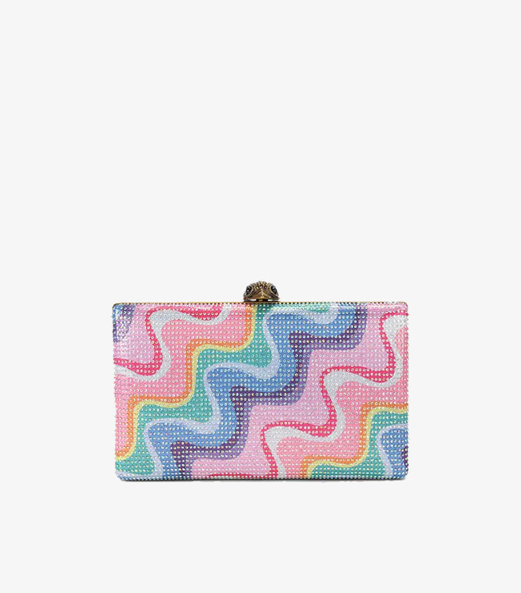 Front view of Kurt Geiger crystal-embellished box clutch with abstract wave pattern and eagle-head clasp