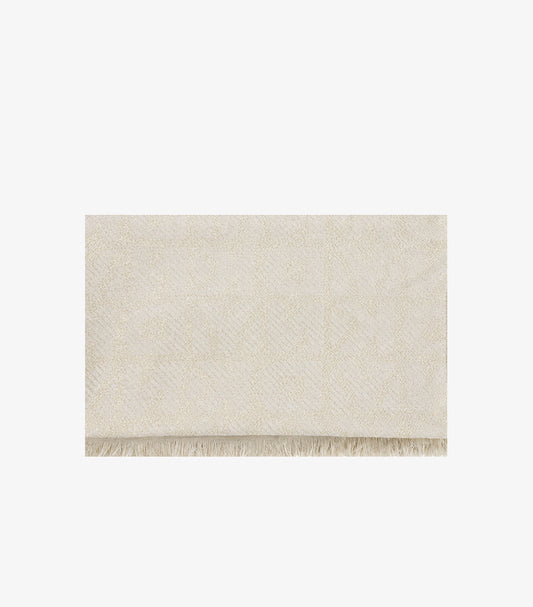 DKNY women's cream ivory jacquard woven scarf with tonal logo pattern and fringe trim flat lay view