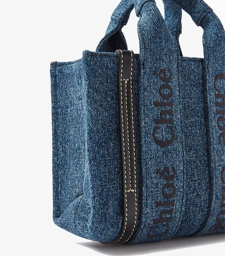 CHLOE WOODY NANO TOTE BAG – DENIM BLUE | LUXURY MINI CROSSBODY TOTE WITH LOGO DETAIL