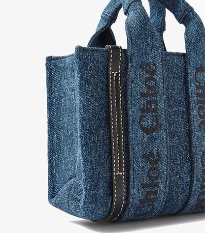 CHLOE WOODY NANO TOTE BAG – DENIM BLUE | LUXURY MINI CROSSBODY TOTE WITH LOGO DETAIL