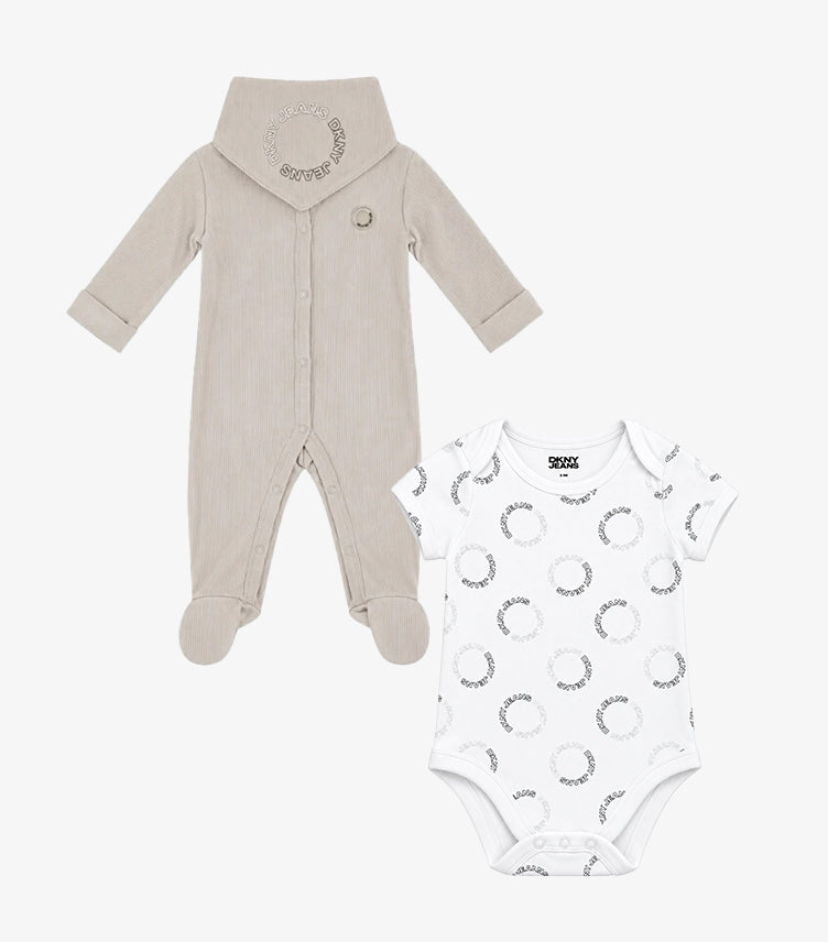 DKNY baby two-piece set with beige ribbed hooded footed sleepsuit and white logo-print short-sleeve bodysuit