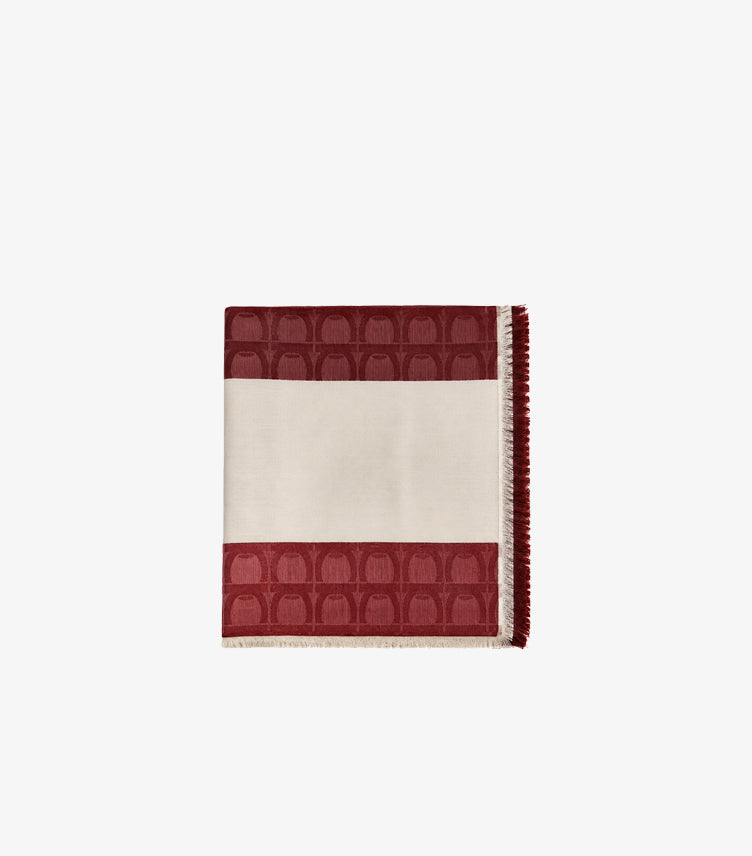 Salvatore Ferragamo Gancini Jacquard Silk Scarf in Deep Burgundy and Ivory with Fringe Trim Edges – Folded Flat Lay Product View on White Background