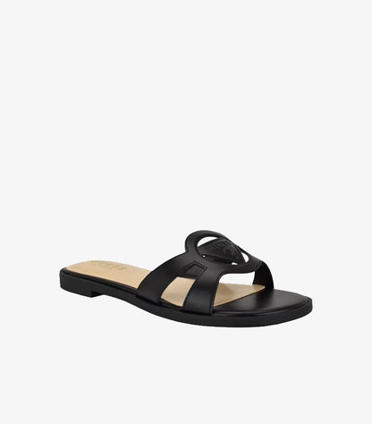 Side angled view of Guess women’s black logo cutout sandal with an easy slip-on design