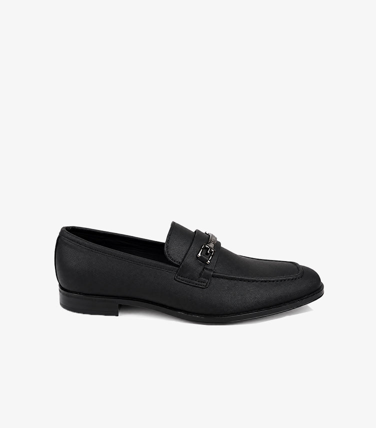 Black leather slip-on loafers front view with apron toe stitching