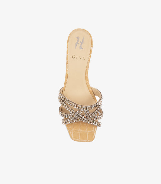 GINA beige crystal embellished flat slide sandals top view
