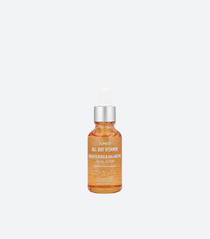 Jumiso All Day Vitamin Brightening and Balancing Facial Serum 30ml in Amber Glass Dropper Bottle with Silver Cap Showing Golden Vitamin Serum – Niacinamide 2.0% Brightening Booster K-Beauty Korean Skincare