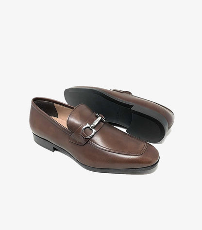 FERRAGAMO BROWN LEATHER GANCINI LOAFERS