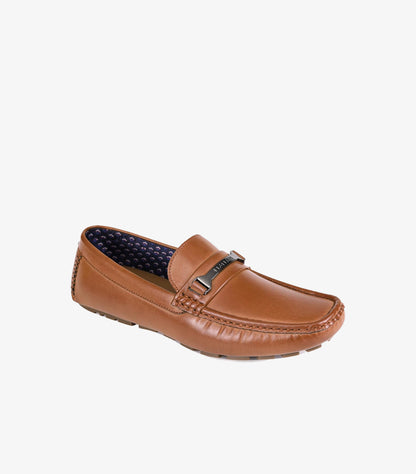 Angled side view of Tommy Hilfiger brown slip-on driving loafer with metal vamp detail and rubber-grip sole