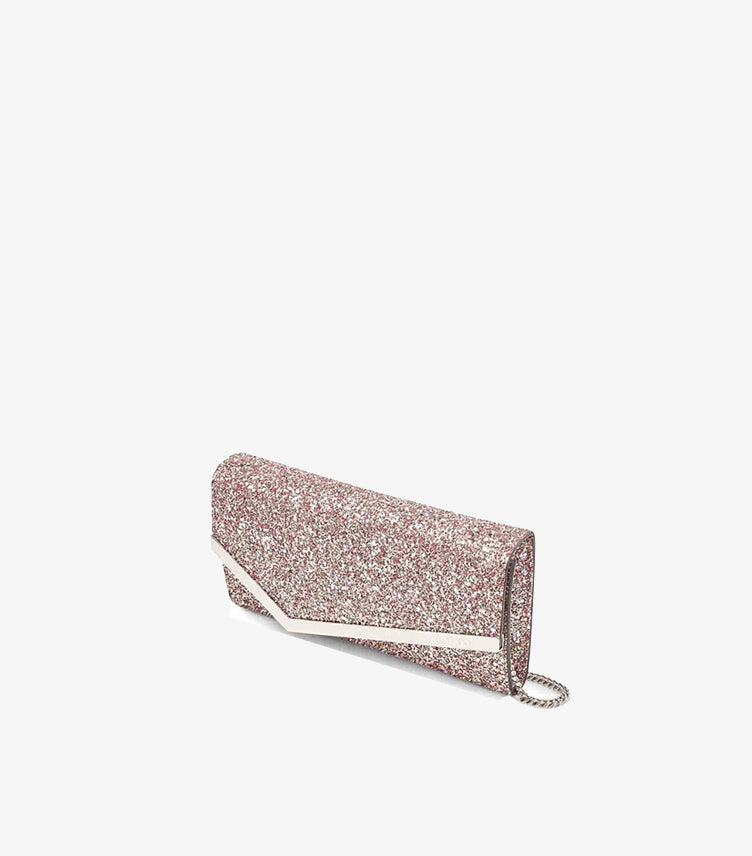 Angled view of Jimmy Choo glitter envelope clutch