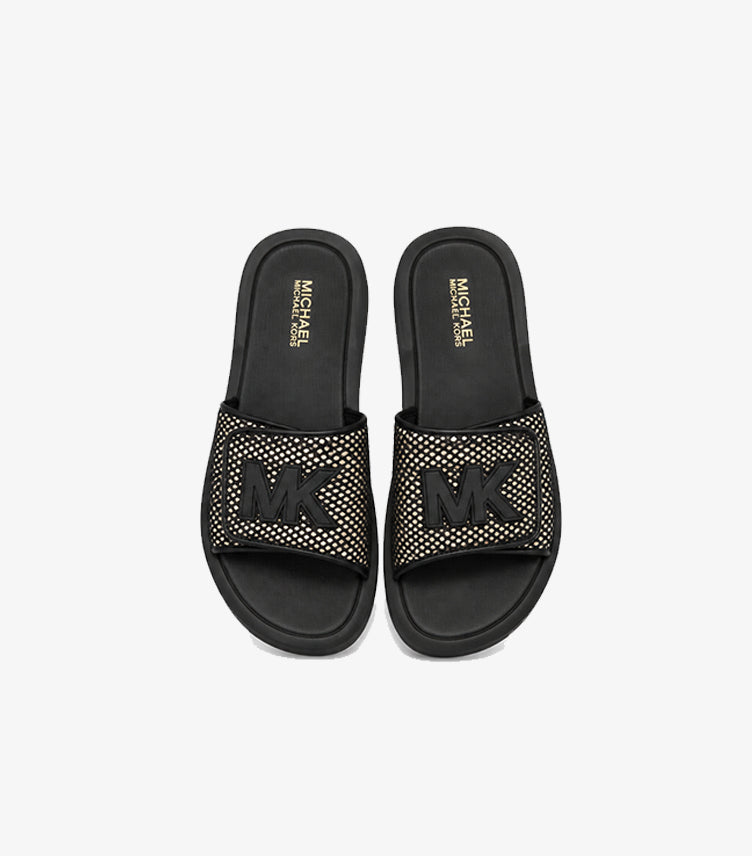 Top view of Michael Kors women’s black studded slide sandals with wide straps and MK logo details