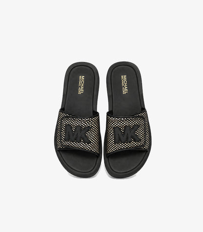 Top view of Michael Kors women’s black studded slide sandals with wide straps and MK logo details