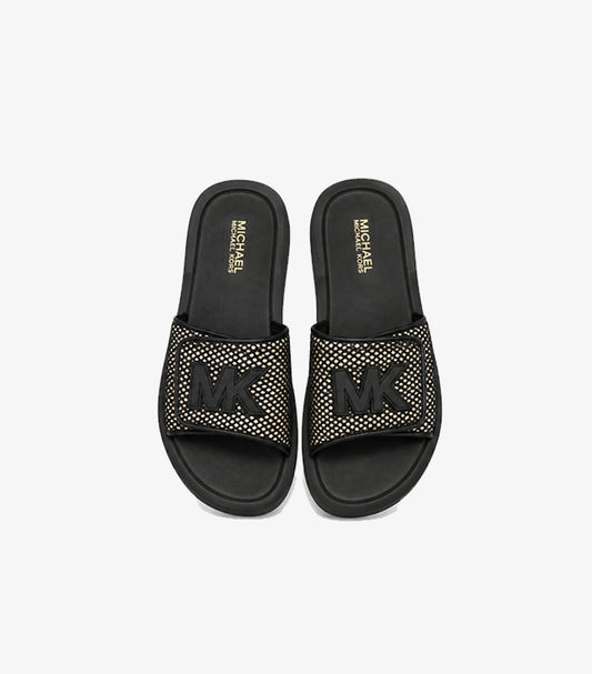 Top view of Michael Kors women’s black studded slide sandals with wide straps and MK logo details