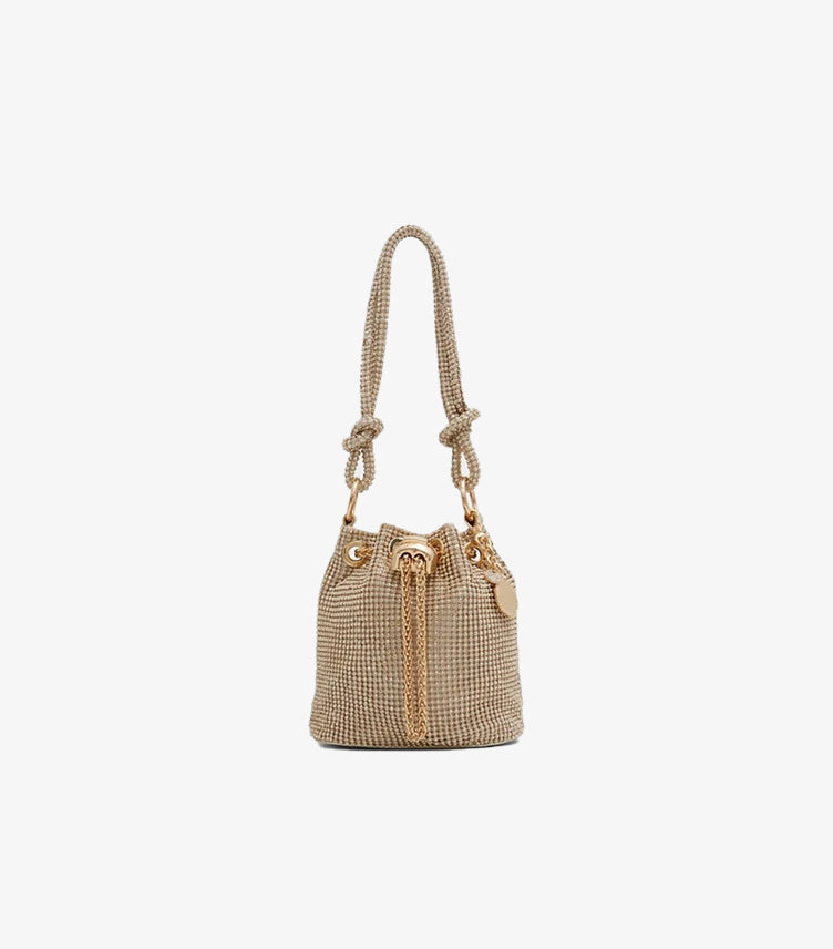 Front view of ALDO crystal-embellished mini bucket bag with knotted handle and gold-tone hardware