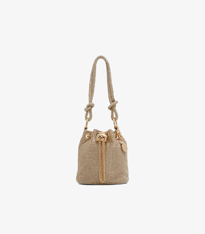Front view of ALDO crystal-embellished mini bucket bag with knotted handle and gold-tone hardware