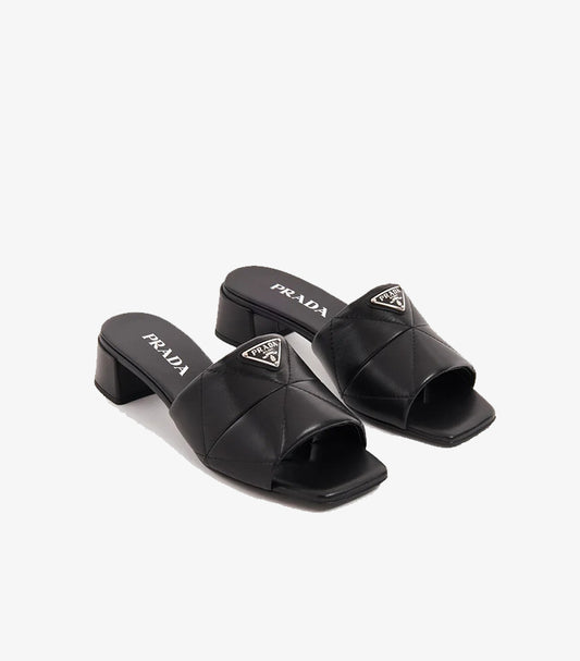 Prada Women's Quilted Leather Mule Heels Black Front View