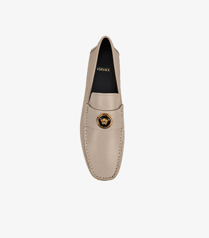 Top view of Versace beige Medusa leather loafers