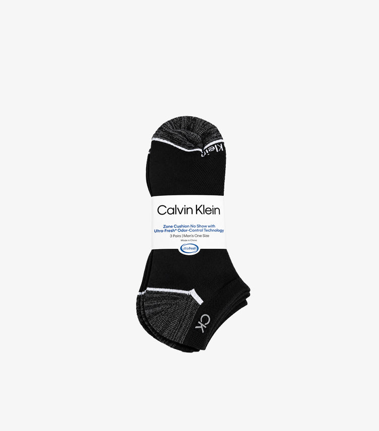 Calvin Klein three-pack of black cushioned no-show socks with grey toes, white accents and Ultra-Fresh odour-control packaging