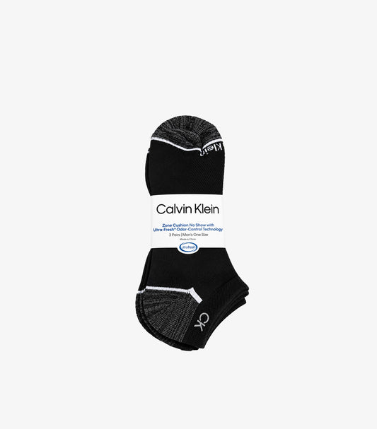 Calvin Klein three-pack of black cushioned no-show socks with grey toes, white accents and Ultra-Fresh odour-control packaging