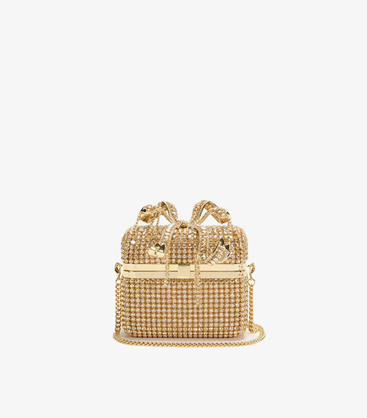 Self-Portrait gold crystal box clutch with detachable chain strap
