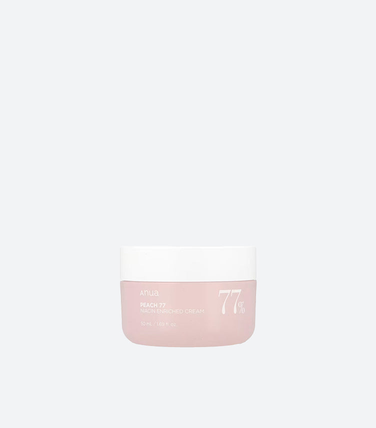 Anua Peach 77 Niacin Enriched Cream 50ml Soft Blush Pink Glass Jar with White Lid – 77% Peach Extract Niacinamide K-Beauty Korean Brightening Hydrating Moisturiser Product Front View