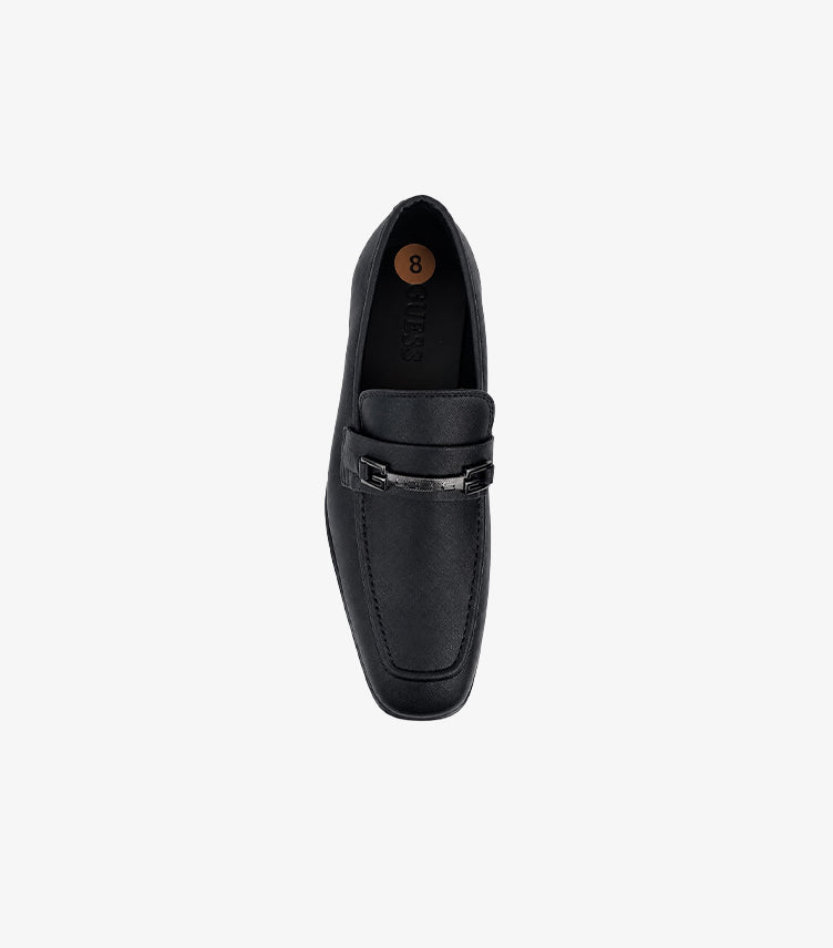 GUESS black bit loafers top view showing horsebit buckle detail