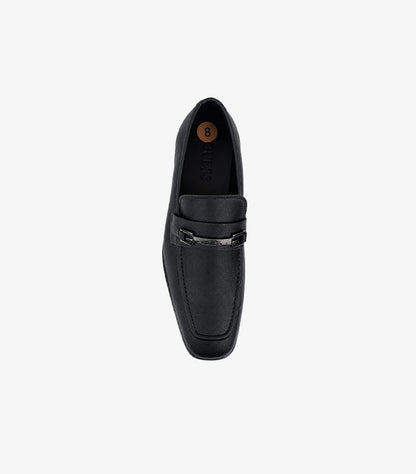 GUESS black bit loafers top view showing horsebit buckle detail