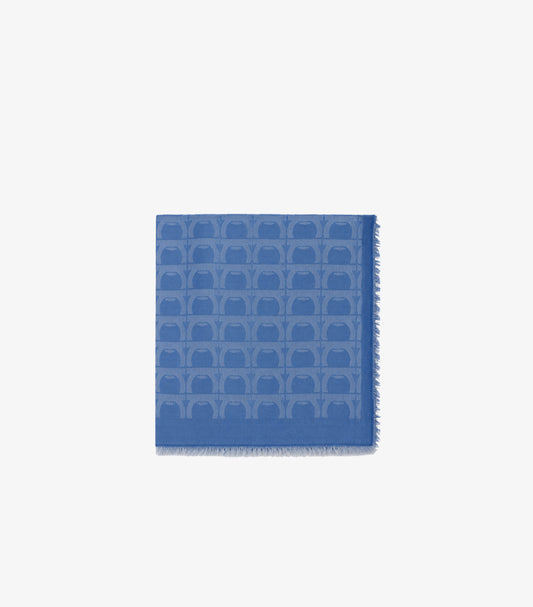 SALVATORE FERRAGAMO GANCINI SILK JACQUARD SCARF – COBALT BLUE | ALL-OVER LOGO MONOGRAM | FRINGE TRIM SHAWL | WOMEN'S LUXURY ITALIAN DESIGNER SCARF