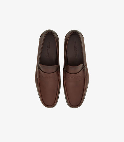 Top view of Ferragamo men’s dark brown leather penny loafers
