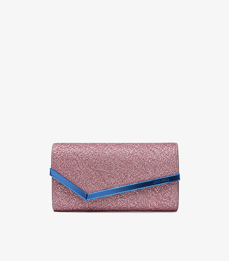 Jimmy Choo Emmie rose gold glitter envelope clutch bag front view