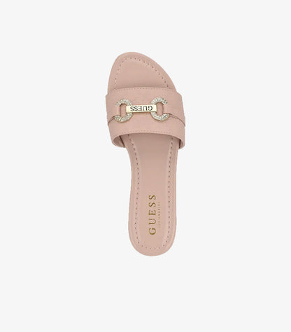 Top view of Guess blush pink open-toe sandal with crystal rings and gold logo bar