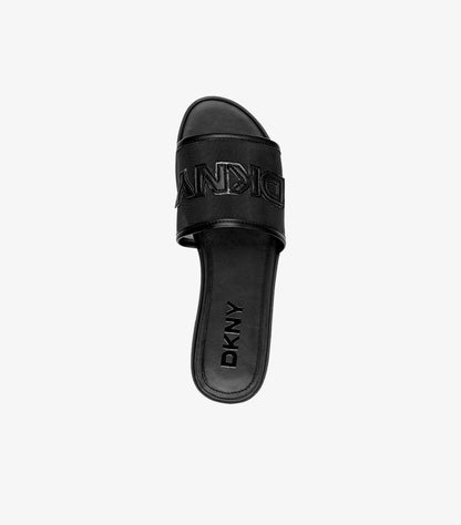 Top view of DKNY women’s black open-toe slide with wide logo mesh strap and branded footbed