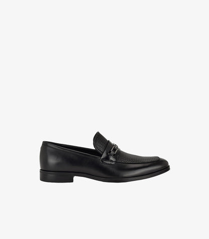 Side view of Guess men’s mixed-texture dress loafer with horsebit detail and slim formal sole