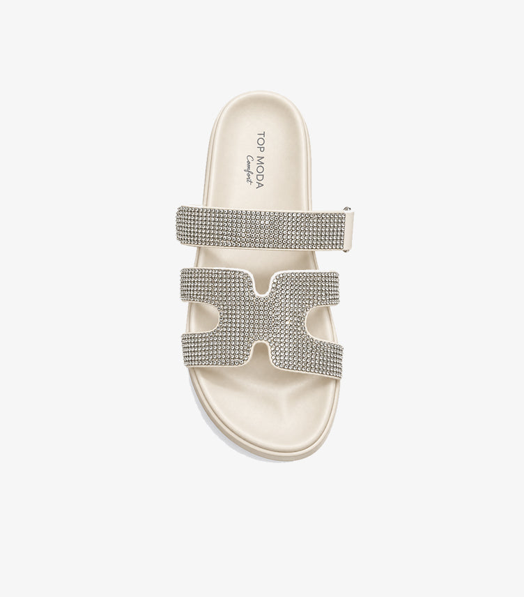 Top view of Top Moda platform sandals with double rhinestone straps and a contoured footbed