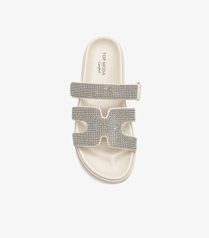 Top view of Top Moda platform sandals with double rhinestone straps and a contoured footbed