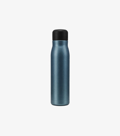 Front view of Pioneer 500ml matt blue stainless-steel vacuum-insulated drinks bottle with black cap