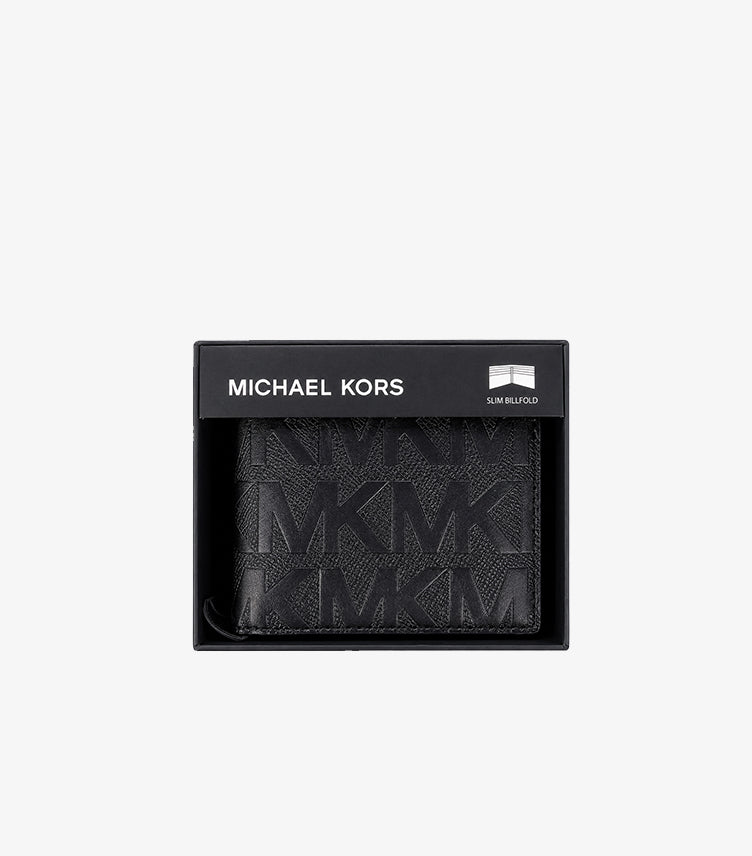 MICHAEL KORS BLACK MK LOGO EMBOSSED LEATHER SLIM BILLFOLD WALLET FOR MEN | 100% AUTHENTIC
