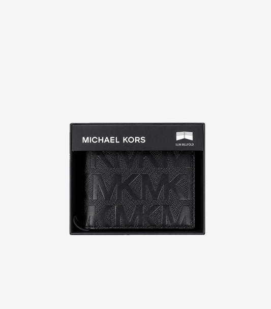 MICHAEL KORS BLACK MK LOGO EMBOSSED LEATHER SLIM BILLFOLD WALLET FOR MEN | 100% AUTHENTIC