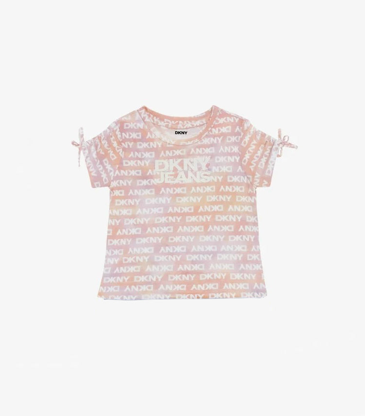 Front view of DKNY Jeans girls’ pink logo-print T-shirt with cold-shoulder cut-outs and sleeve ties